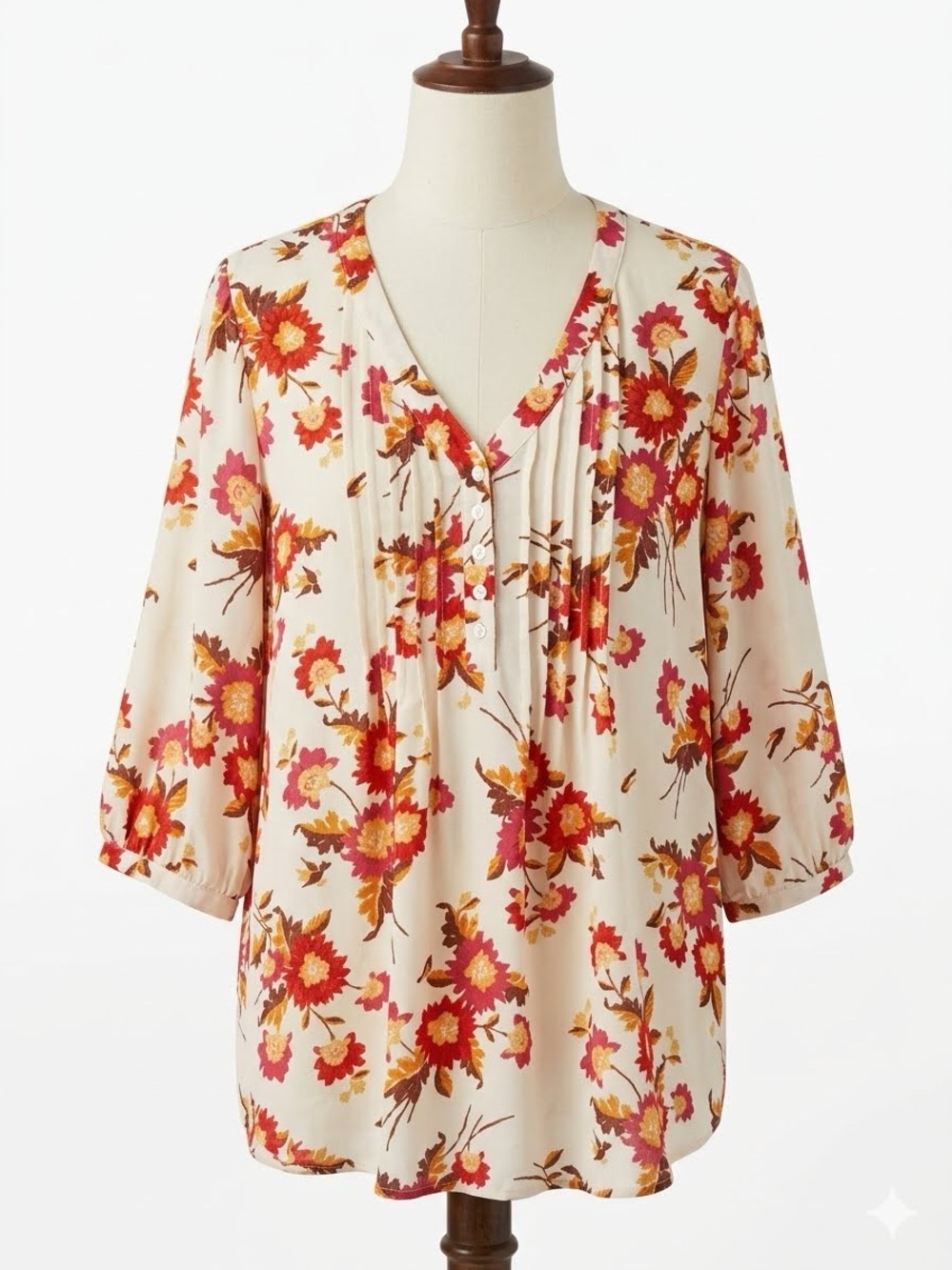 Rose & Olive Cream Blouse with Pink & Orange Floral Print, Size 1X